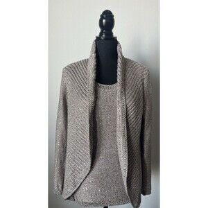 Chicos Womens Special Occasion Open Cardigan Sweater Tank Top Sequins Taupe Sz 1